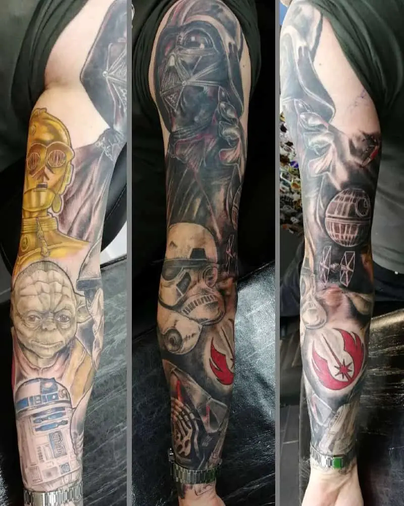 full sleeve tattoo with C-3PO, R2-D2, Dark Vader, Yoda