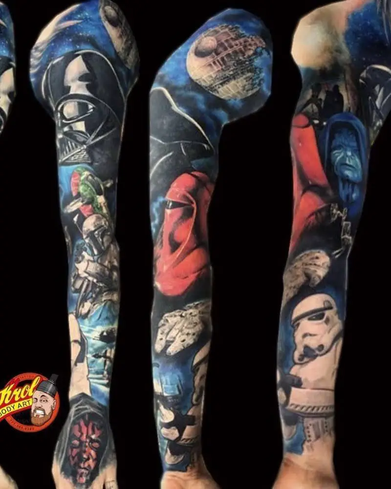 full sleeve tattoo with Darth Vader, Imperial Stormtroopers, Palpatine, Boba Fett, Darth Maul
