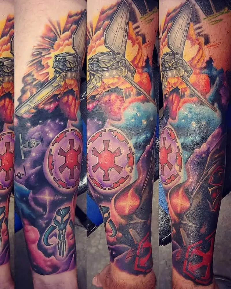 full sleeve tattoo with Empire, Mandalorian and stargazer emblems