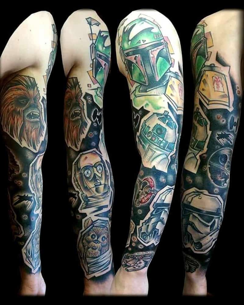 full sleeve tattoo with Imperial Stormtrooper, Chewbacca, Boba Fett, Death Star