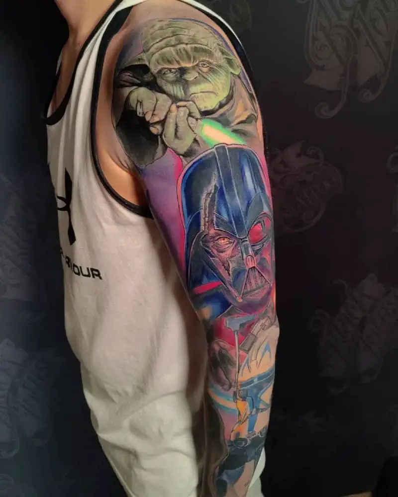 full sleeve tattoo with Yoda, Darth Vader, Boba Fett