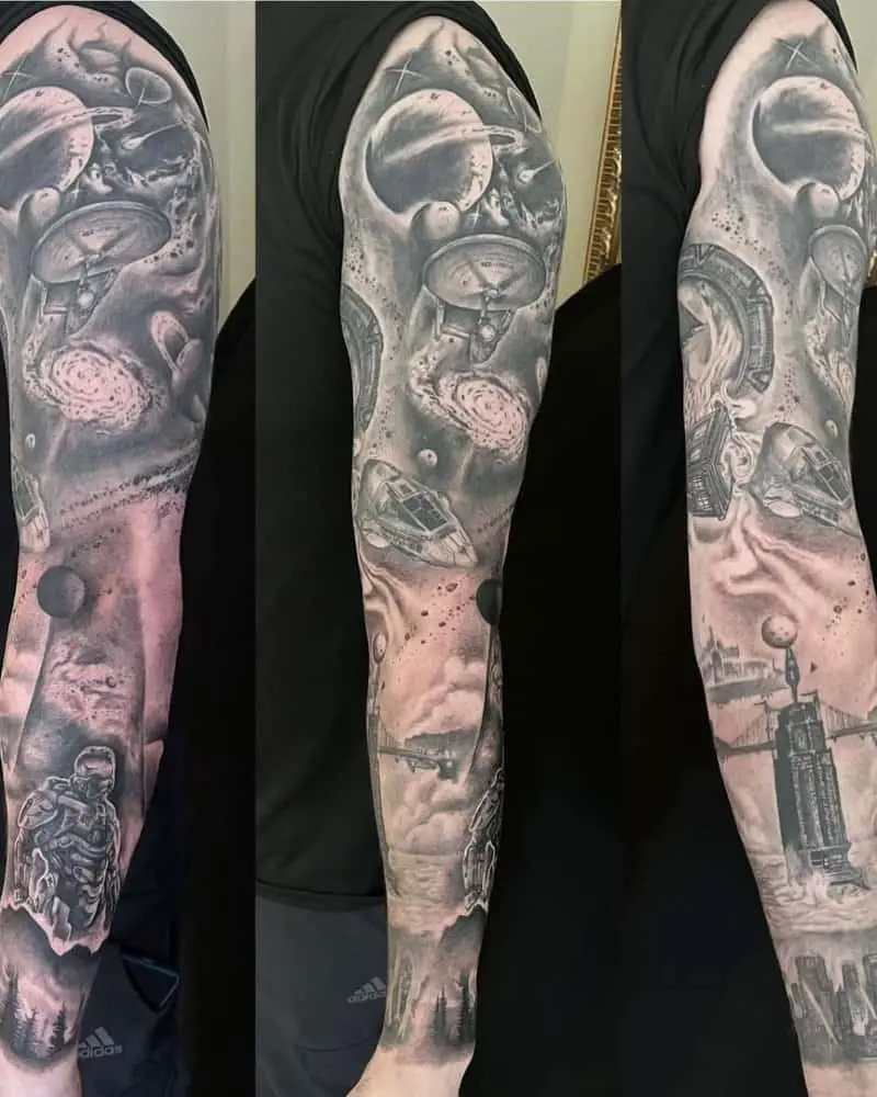 full sleeve tattoo with views from Star Wars