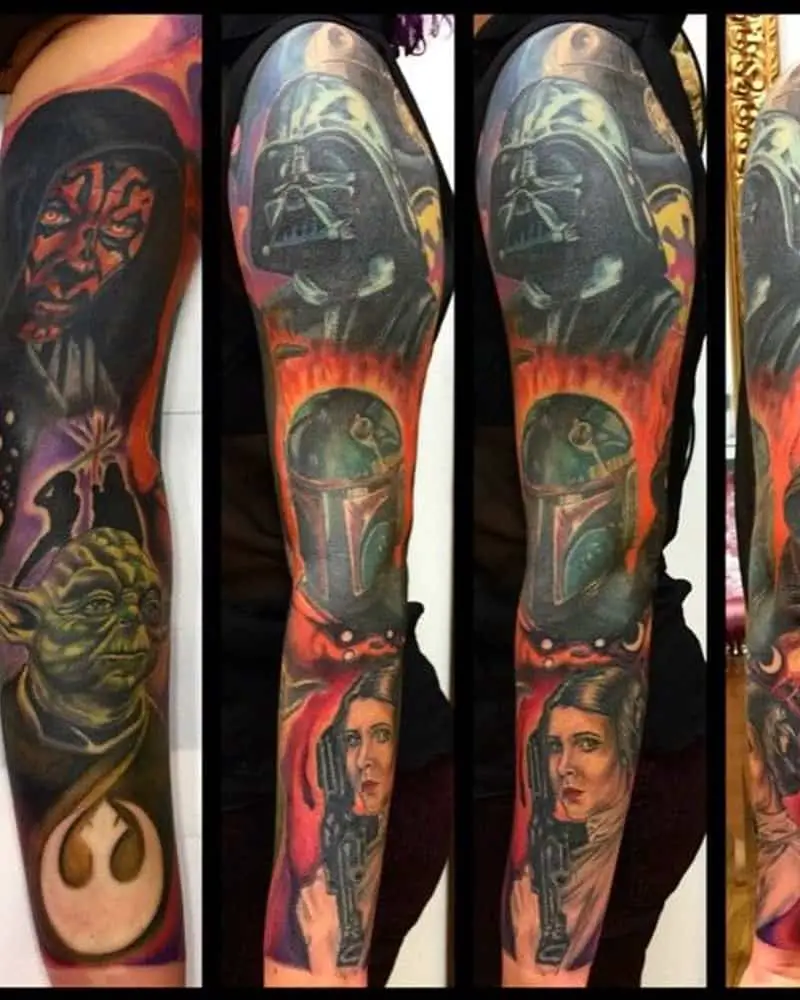 full sleeve tattoos with Darth Maul, Darth Vader, Princess Leia, Boba Fett, Yoda
