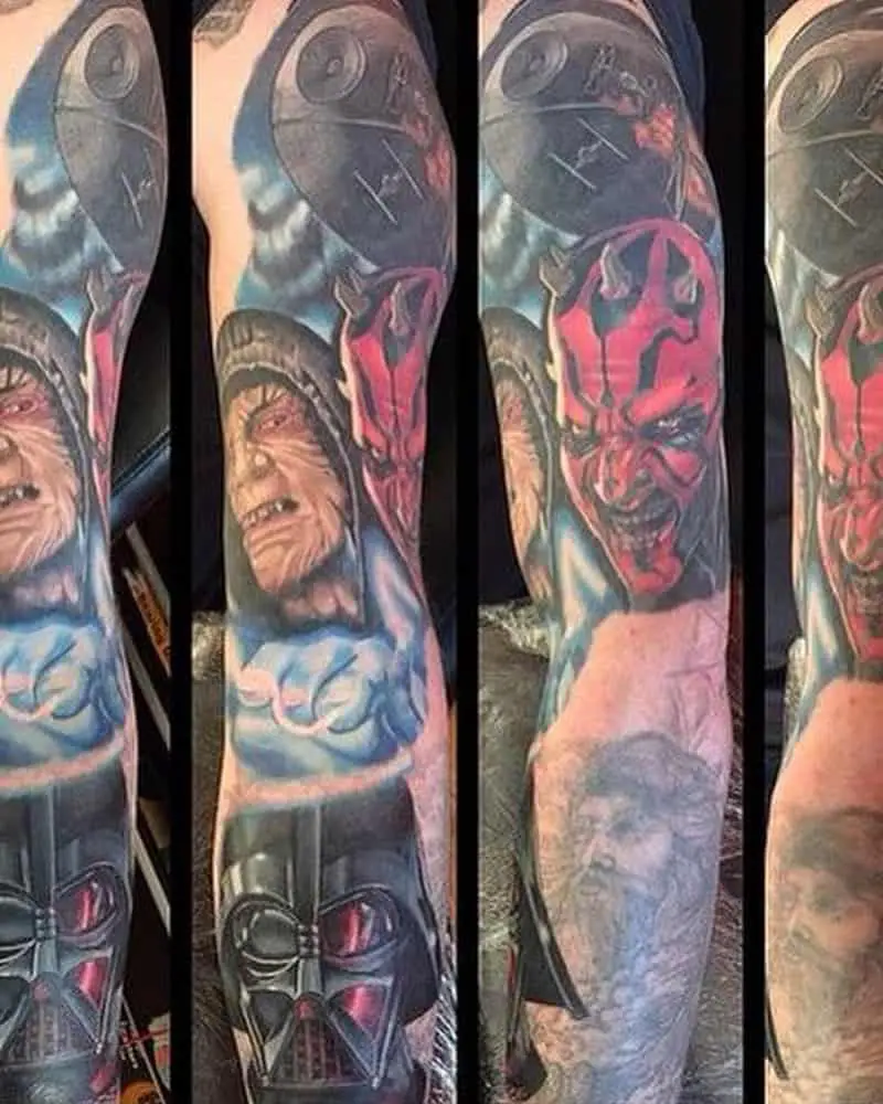 full tattoo sleeve with Darth Maul, Darth Vader, Sheev Palpatine