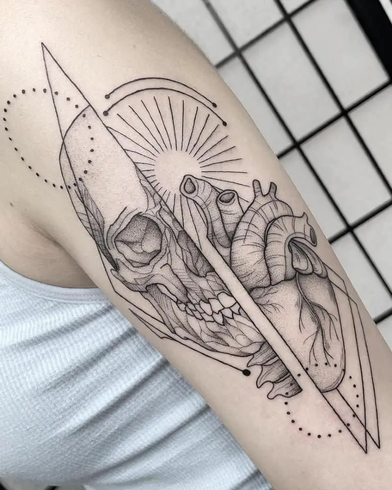 geometric tattoo with a skull and heart