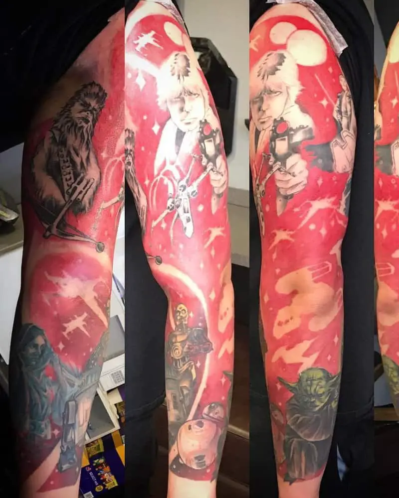 red full sleeve tattoo with Chubara, Han Solo Yoda