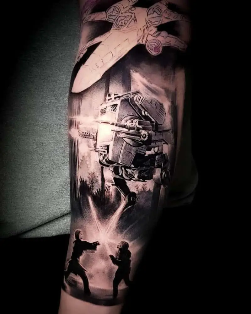 sleeve tattoo with starships and battles from Star Wars