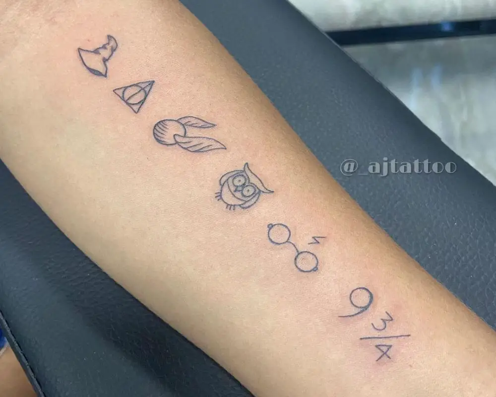 small tattoos of Deathly Hallows, hat, golden snitch, owl, glasses and 9 3/4