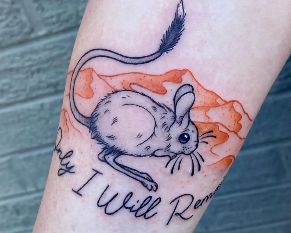 tattoo of Desert mouse on the desert background and the inscription Only i will remain