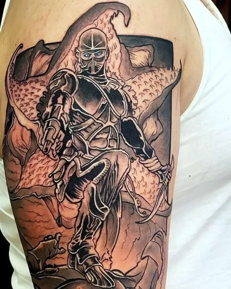 tattoo of Fremen warrior on the background of sand worm with open mouth