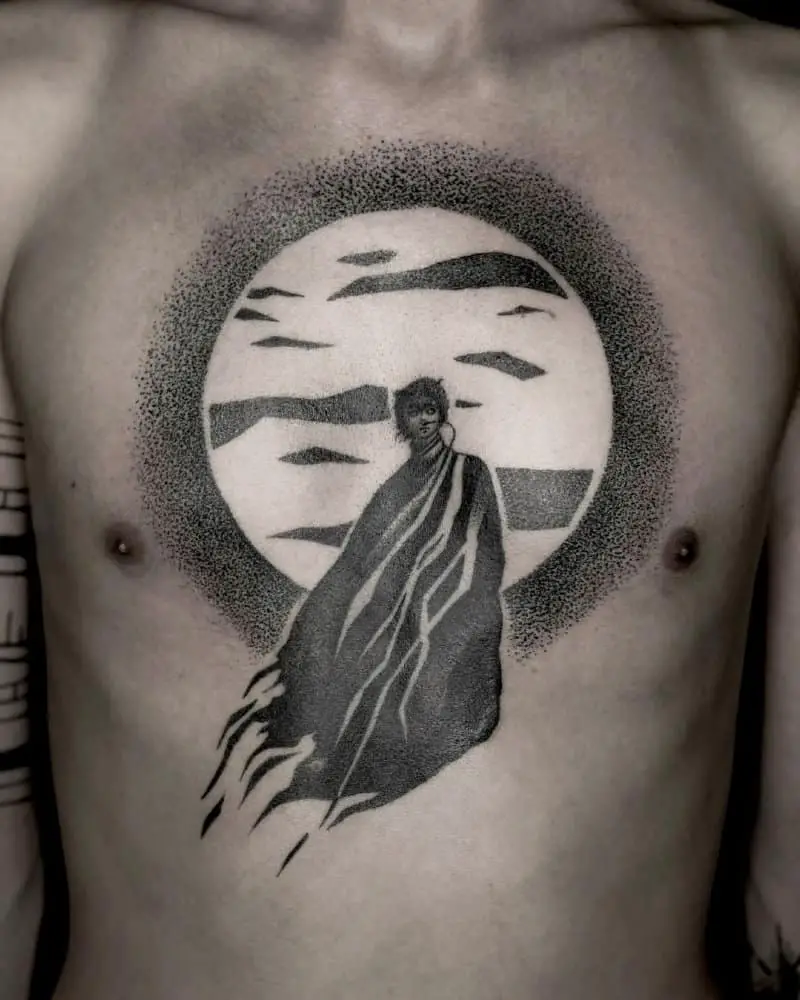 tattoo of Paul in a raincoat against the background of the moon