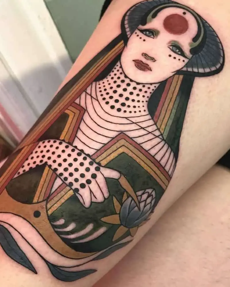 tattoo of a girl in Egyptian style pointing to the lotus