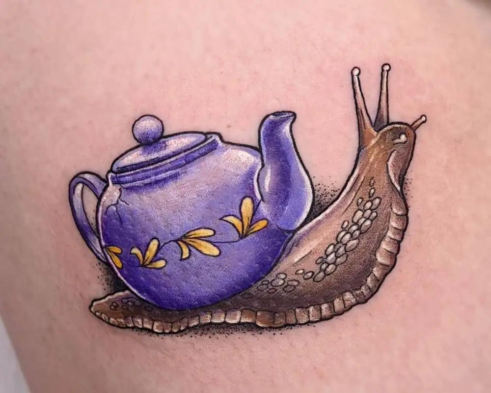 tattoo of snail with a teapot instead of a seashell