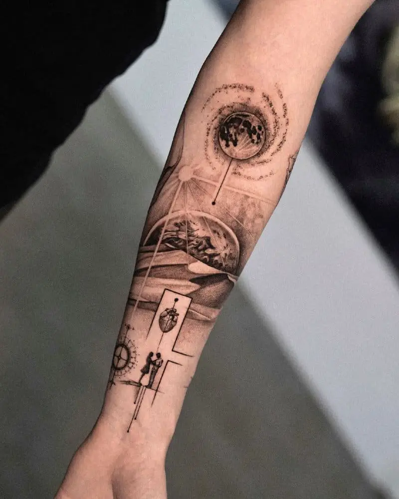 tattoo of the desert with the sun and planets