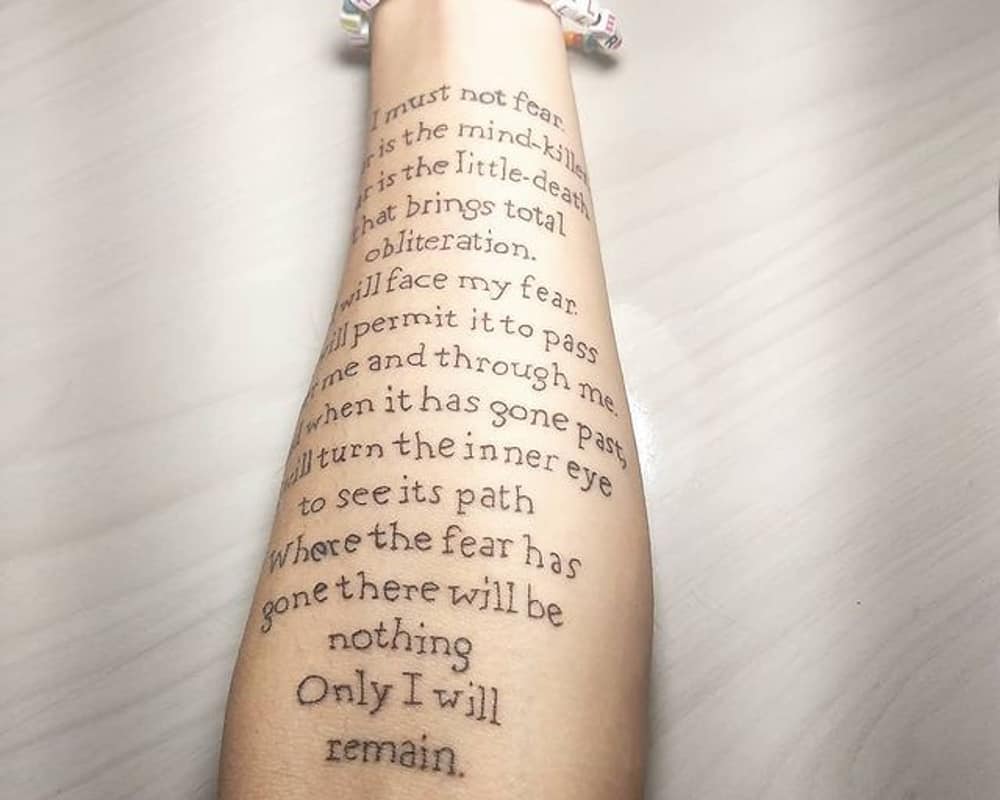 tattoo of the text of the quote from the book Dune