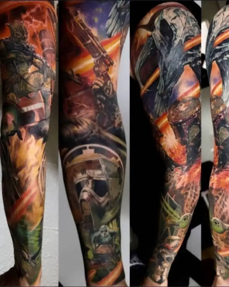 very realistic full sleeve tattoo with the Mandalorian emblem by Bob Fett and starships