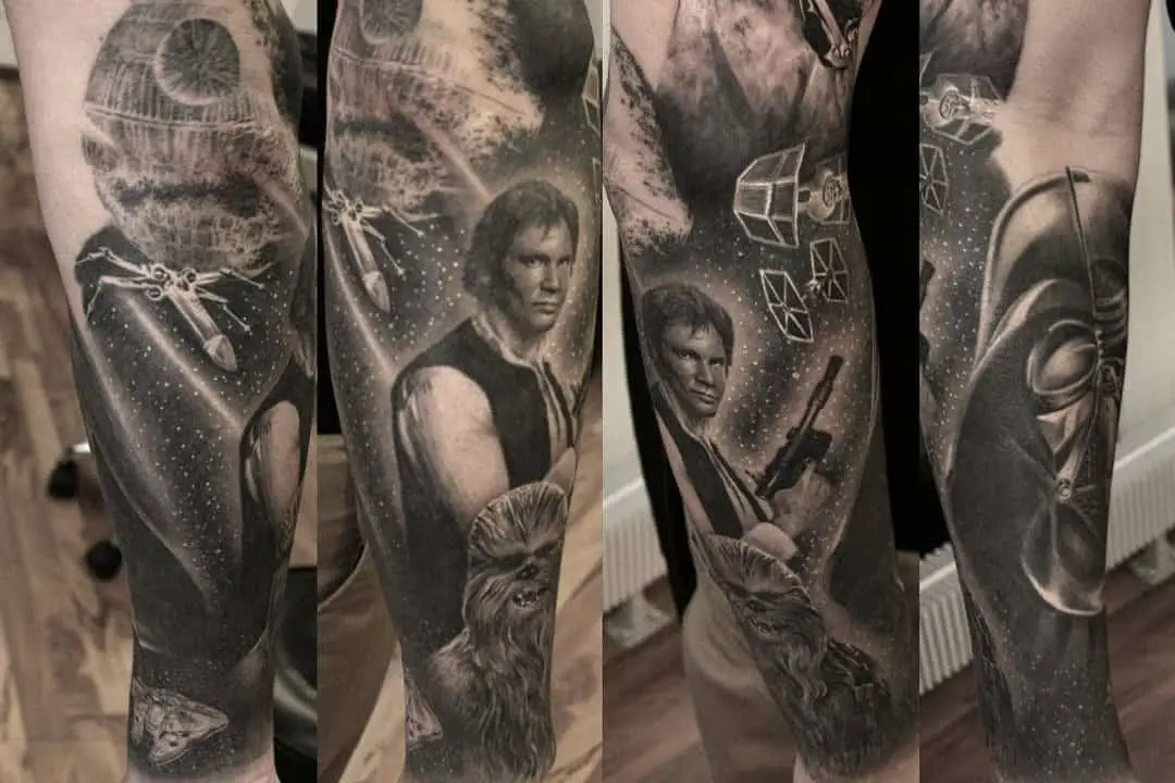 very realistic tattoo sleeve with Darth Vader, Han Solo, Chewbacca
