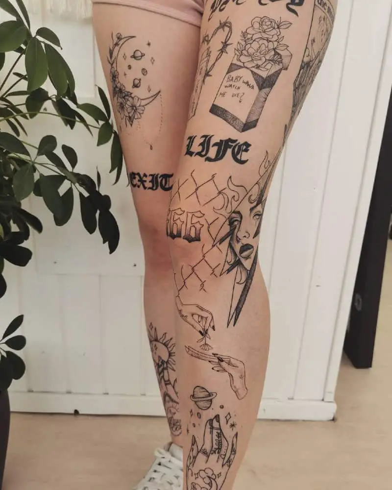women's legs with many tattoos, such as hands, planets, a packet of cigarettes with flowers and others