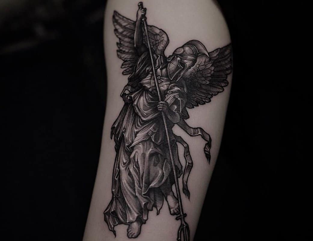 A tattoo of a knight with wings and a spear