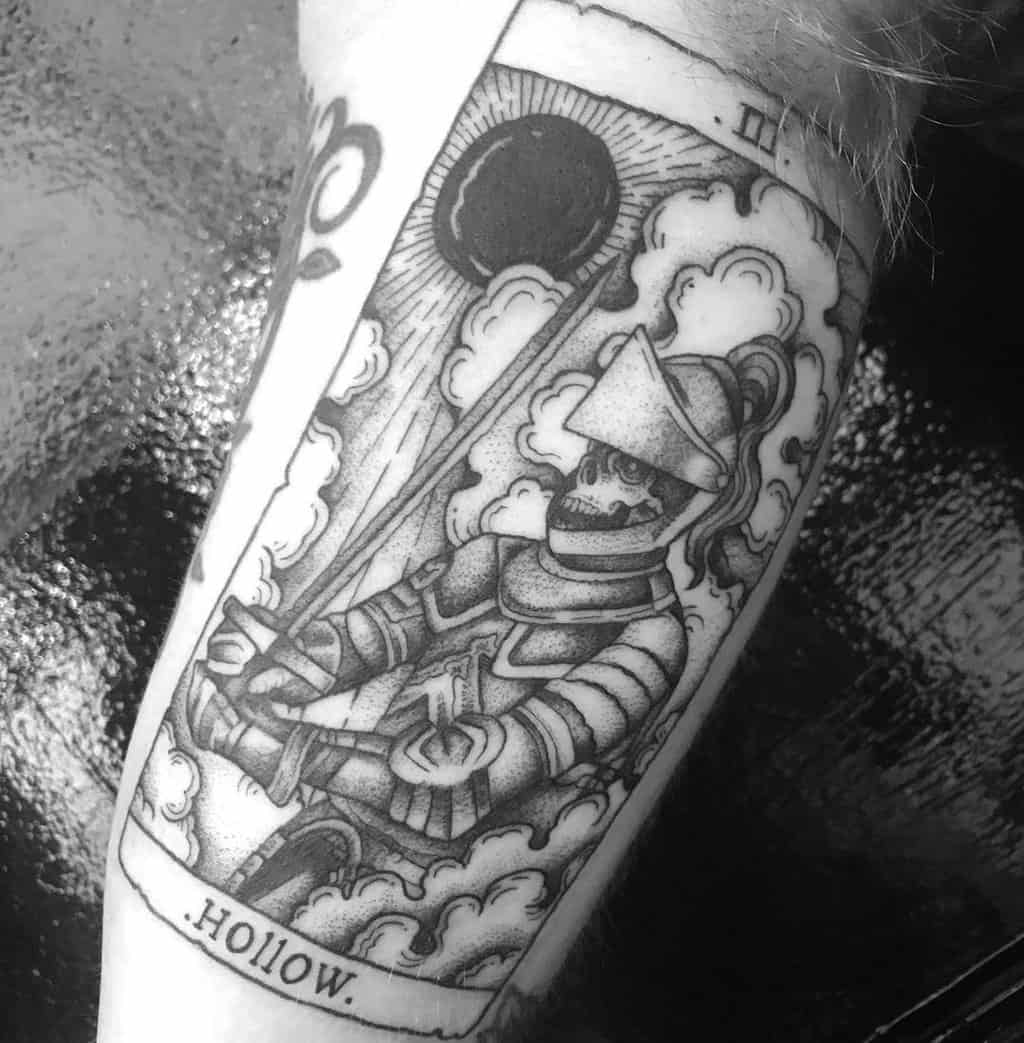 A tattoo of a knight drawn on a fortune card