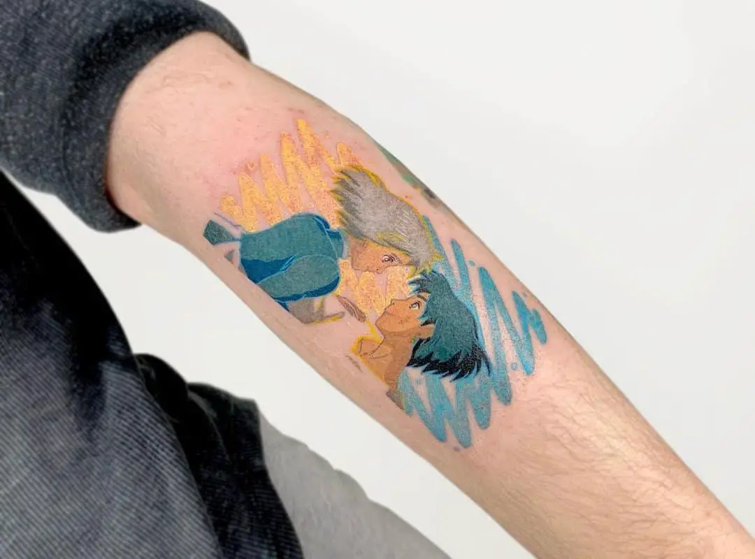 Sophie and howl tattoo on a yellow and blue background