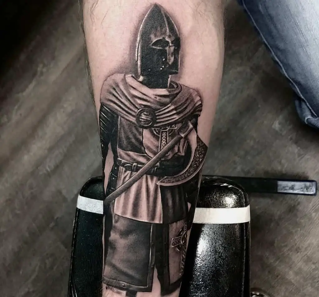 A tattoo of a knight in a pointed helmet