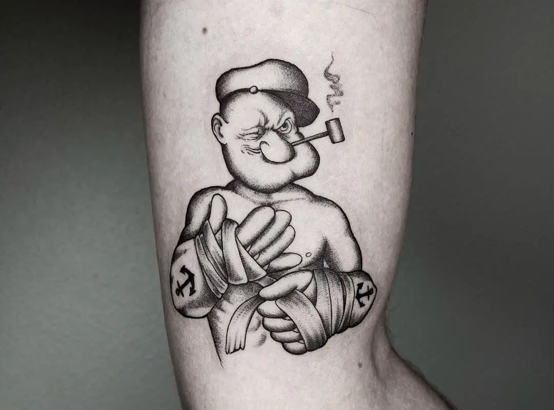 A tattoo of a Popeye sailor winding up bandages