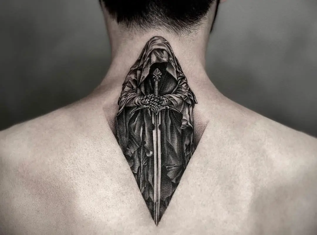 A tattoo of a knight on a man's back