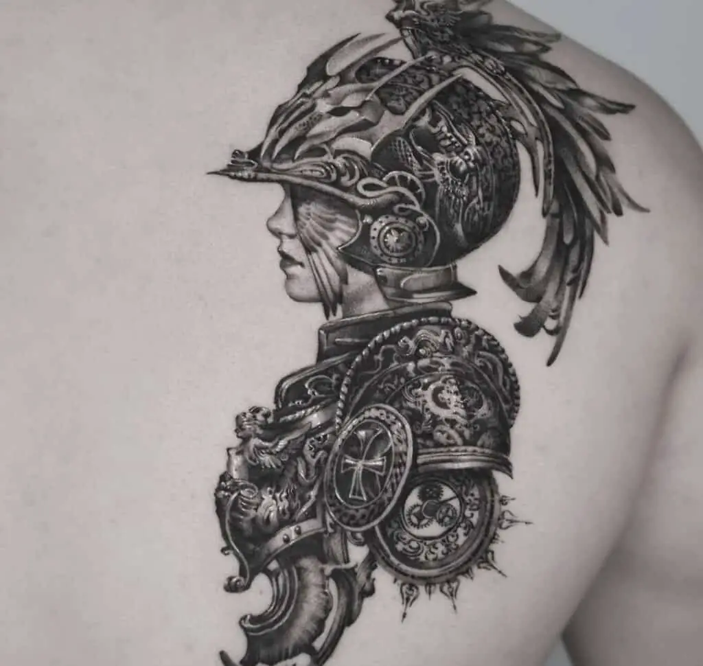 Tattoo of a knight in a helmet with feathers