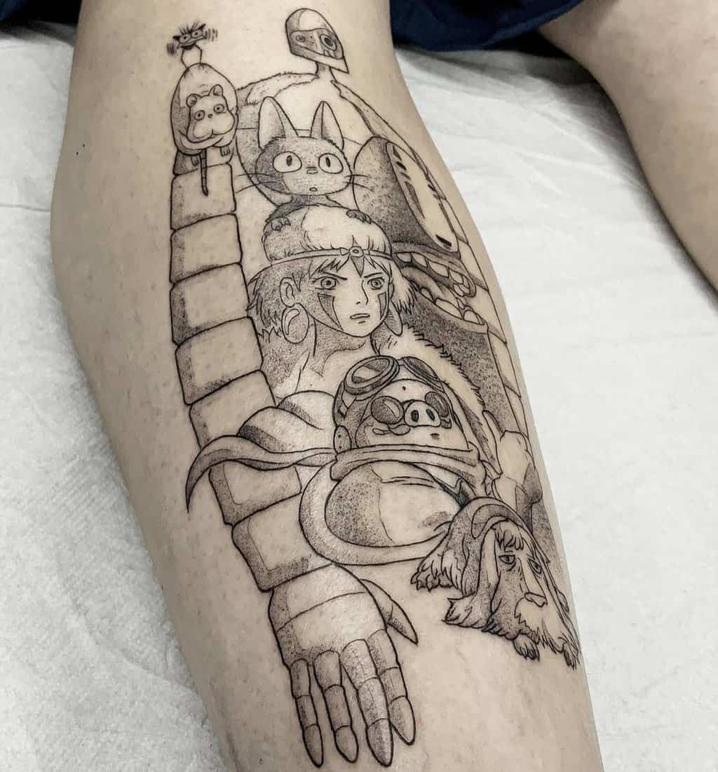 Howl's moving castle black and white shin tattoo