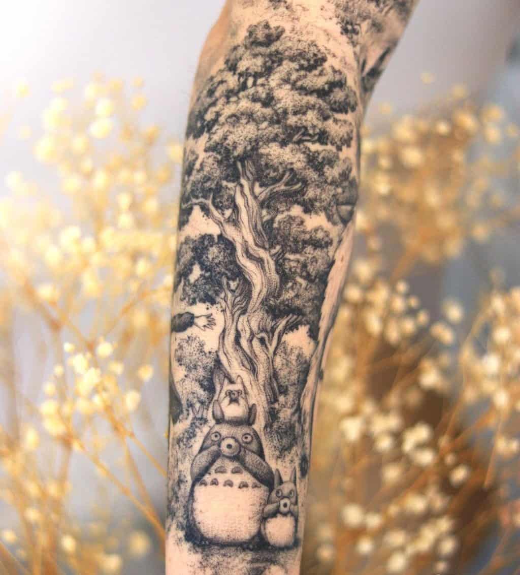 black and white anime tattoo on the entire forearm