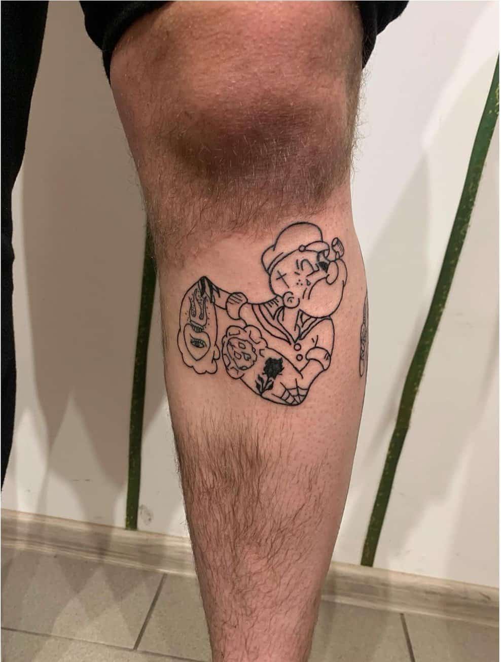 sailor Popeye tattoo on leg