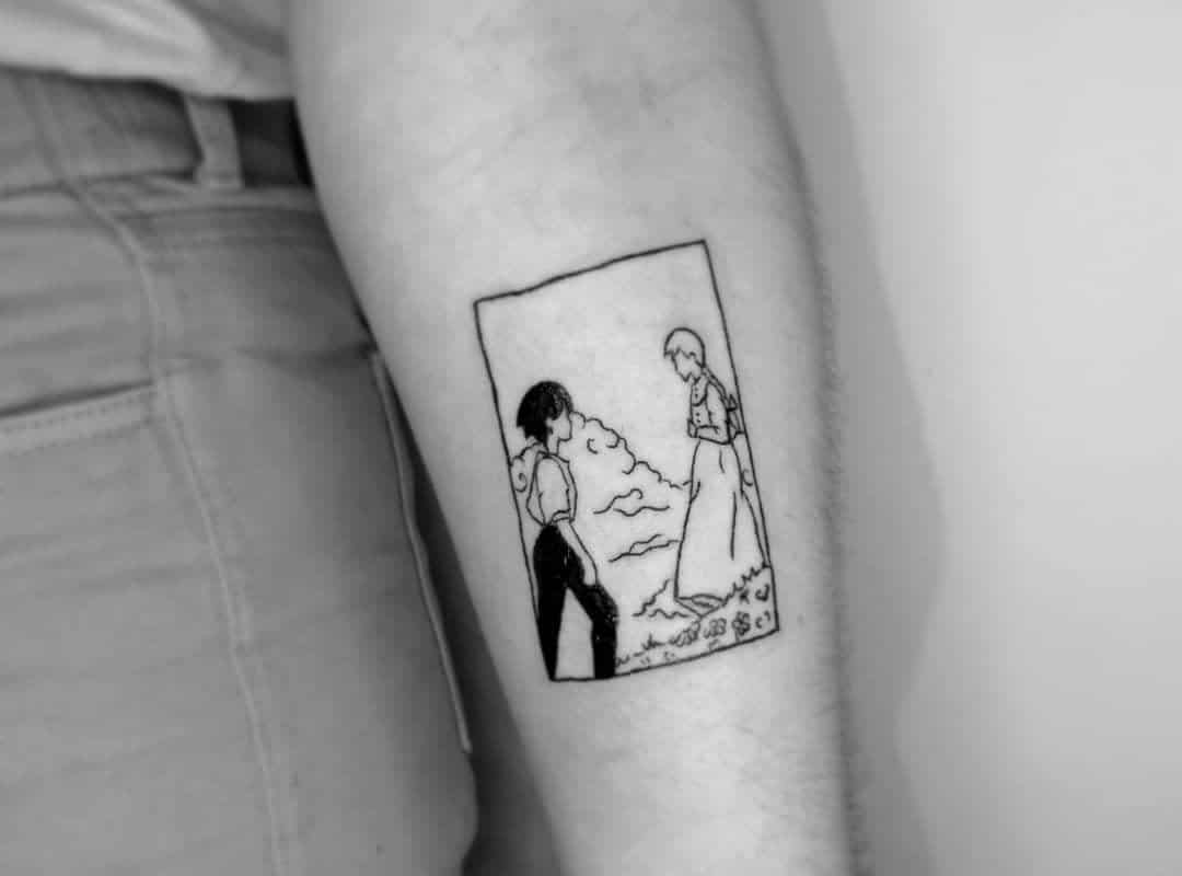 black and white tattoo depicts a scene from a walking castle