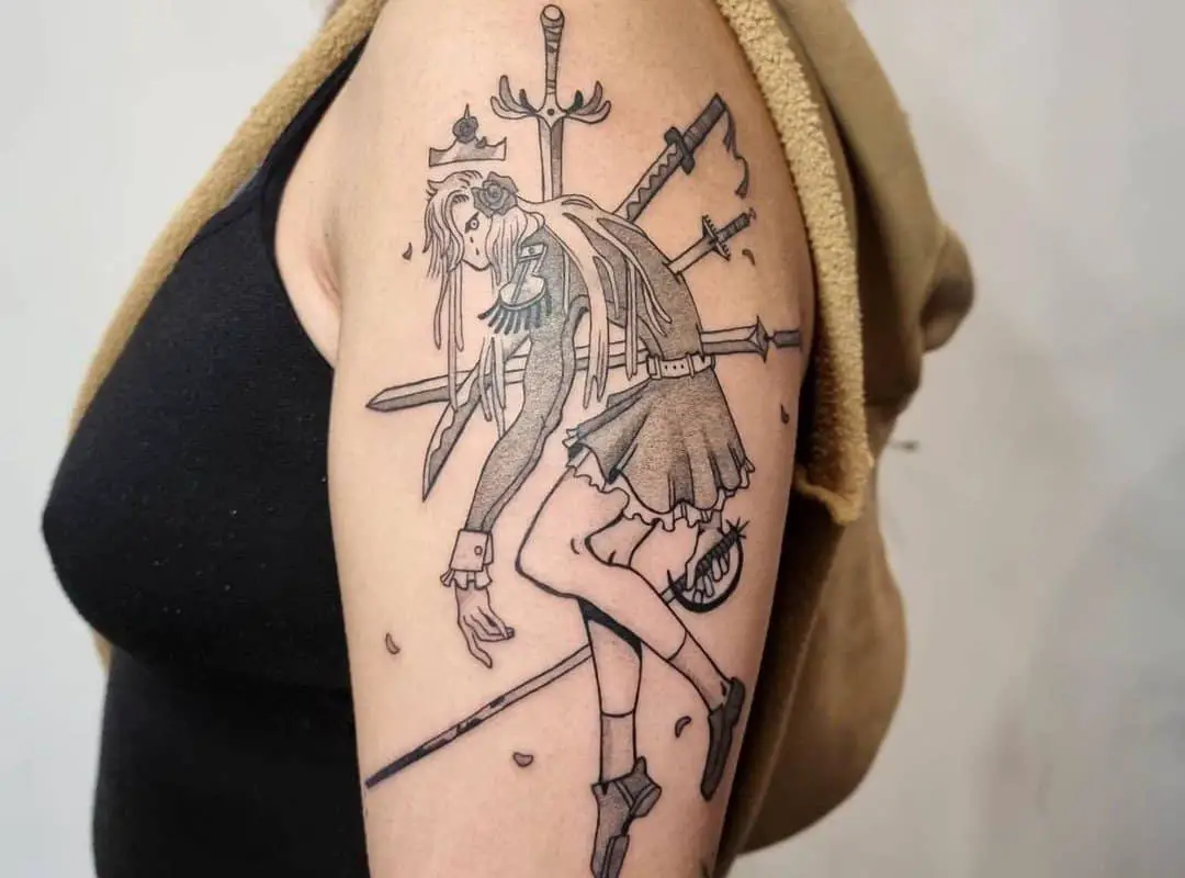 A tattoo of a knight pierced by swords