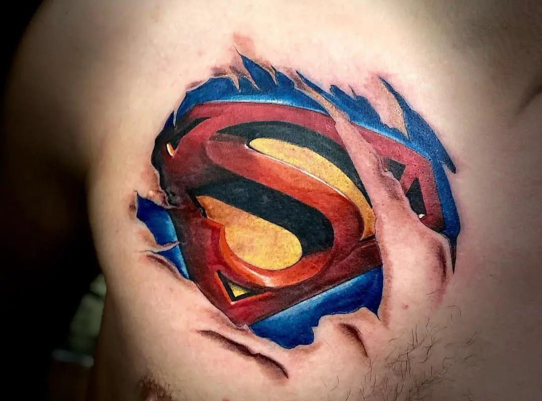 Superman emblem tattooed on the right breast