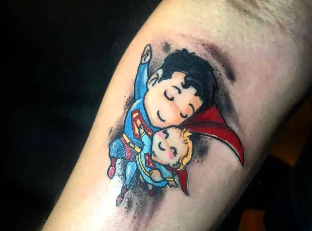 A tattoo of Superman flying with his son