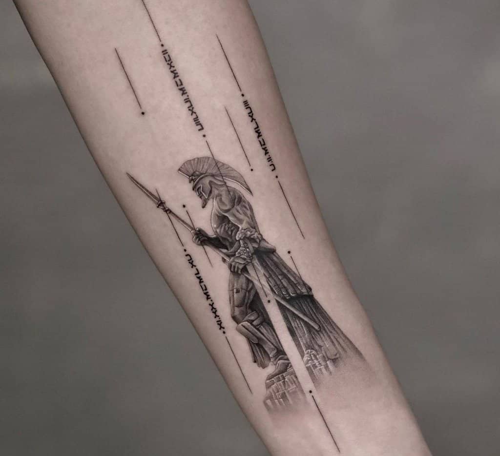 A tattoo of a knight with a spear and a helmet