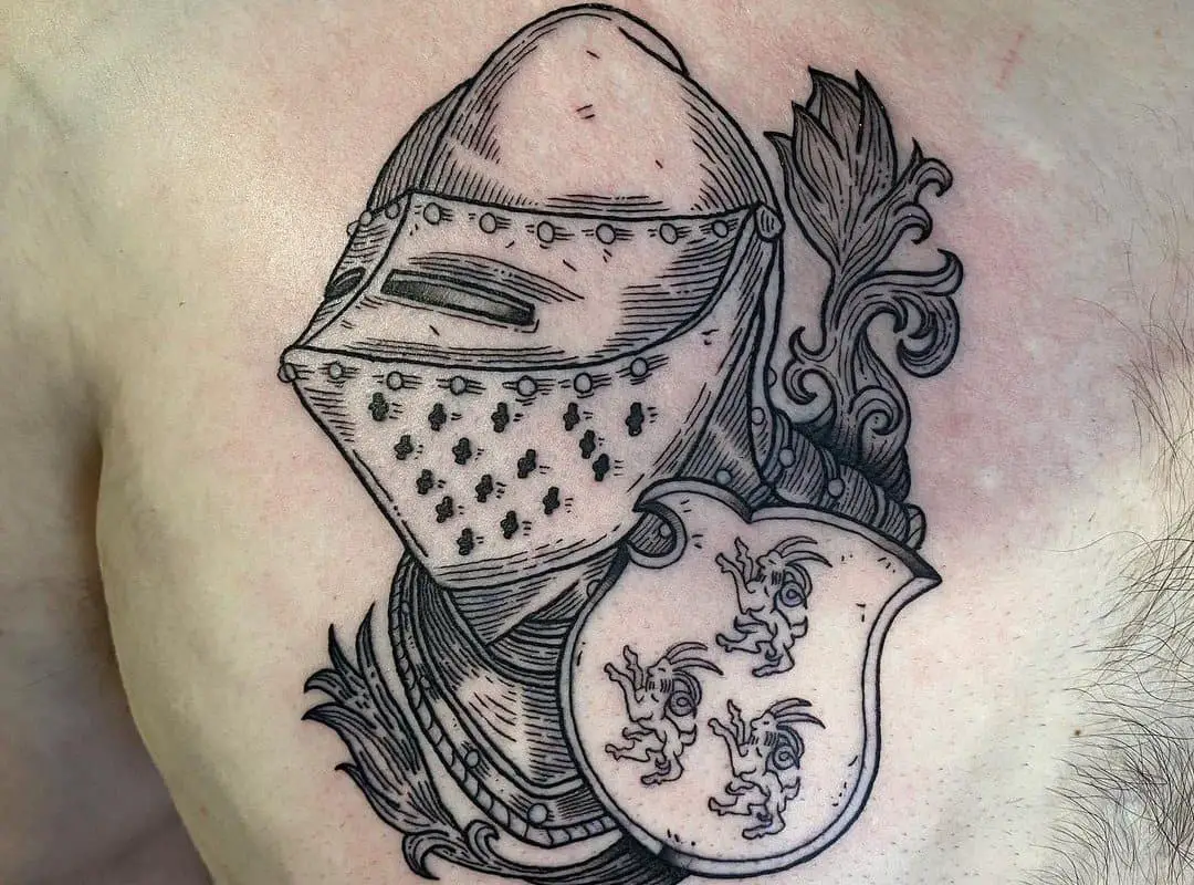 A tattoo of a knight's helmet with a visor