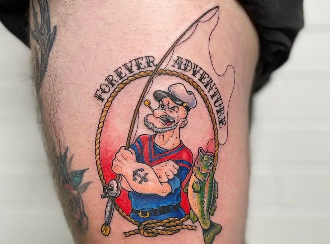 A tattoo of a Popeye sailor catching a fish