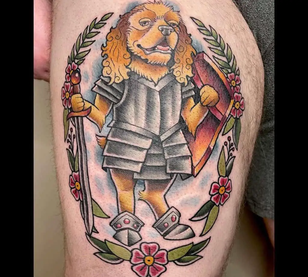 A tattoo of a knight with a dog's head