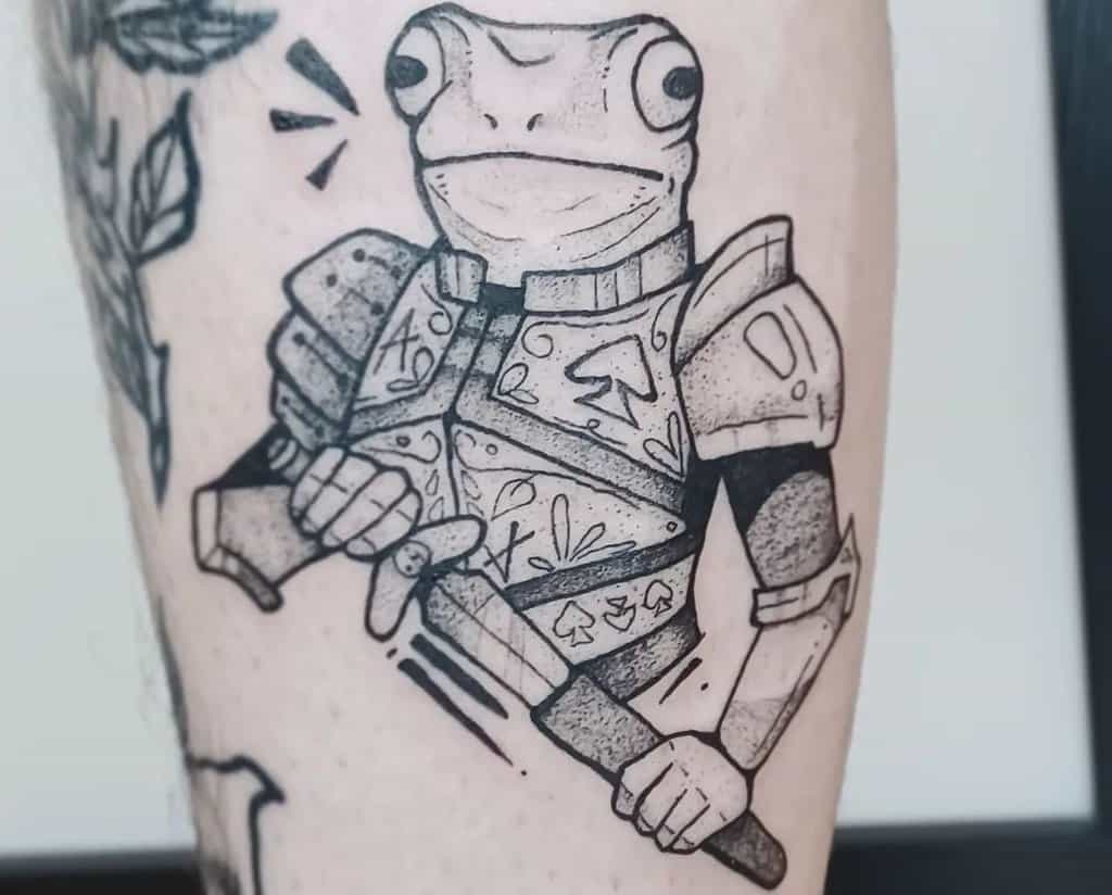 A tattoo of a knight with the head of a frog