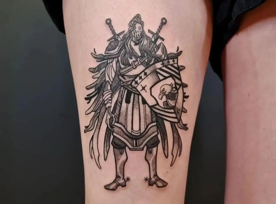 A tattoo of a knight with two swords