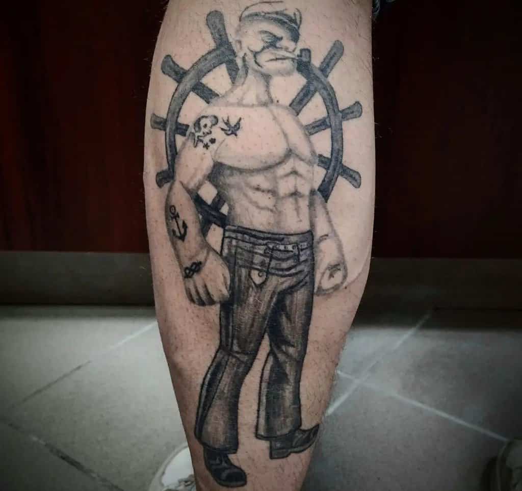 Popeye sailor tattoo on shin