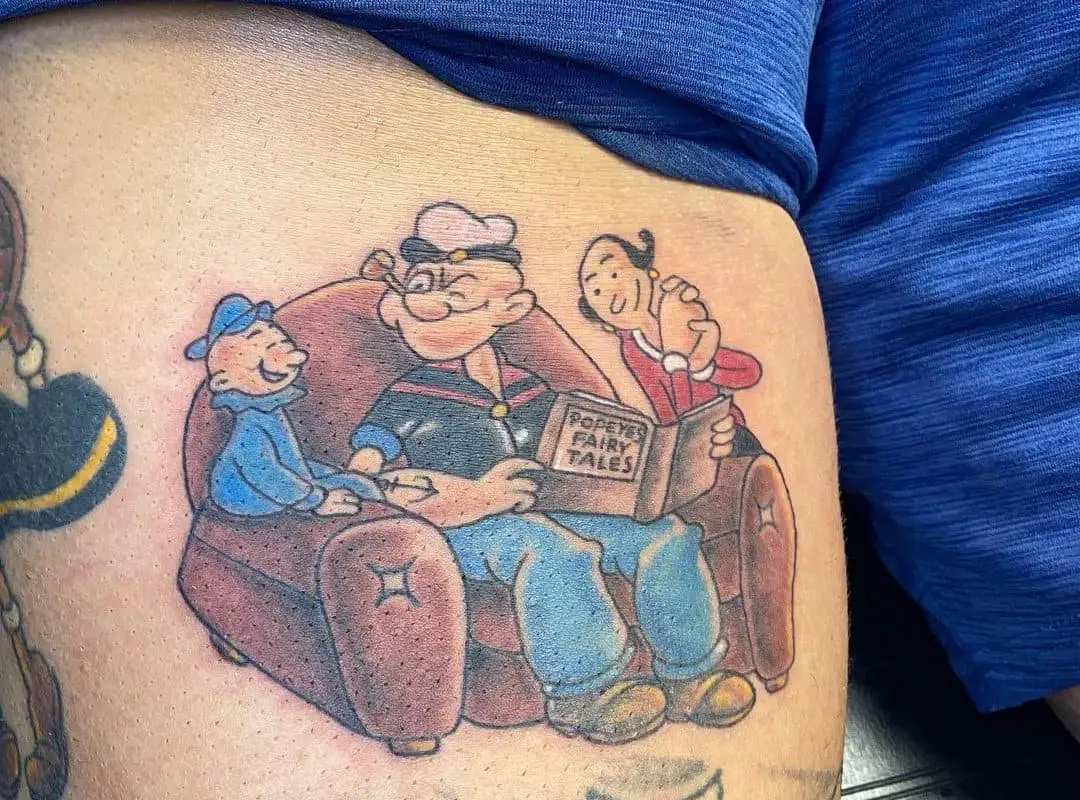 Tattoo of a Popeye sailor and his family