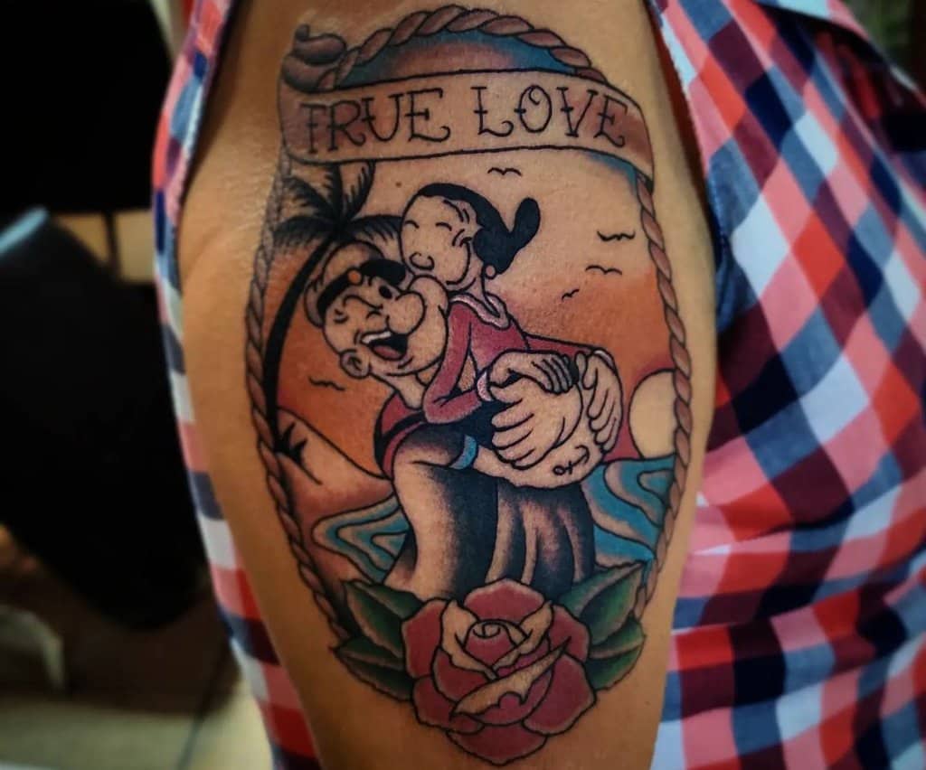 Popeye sailor tattoo hugging a girl