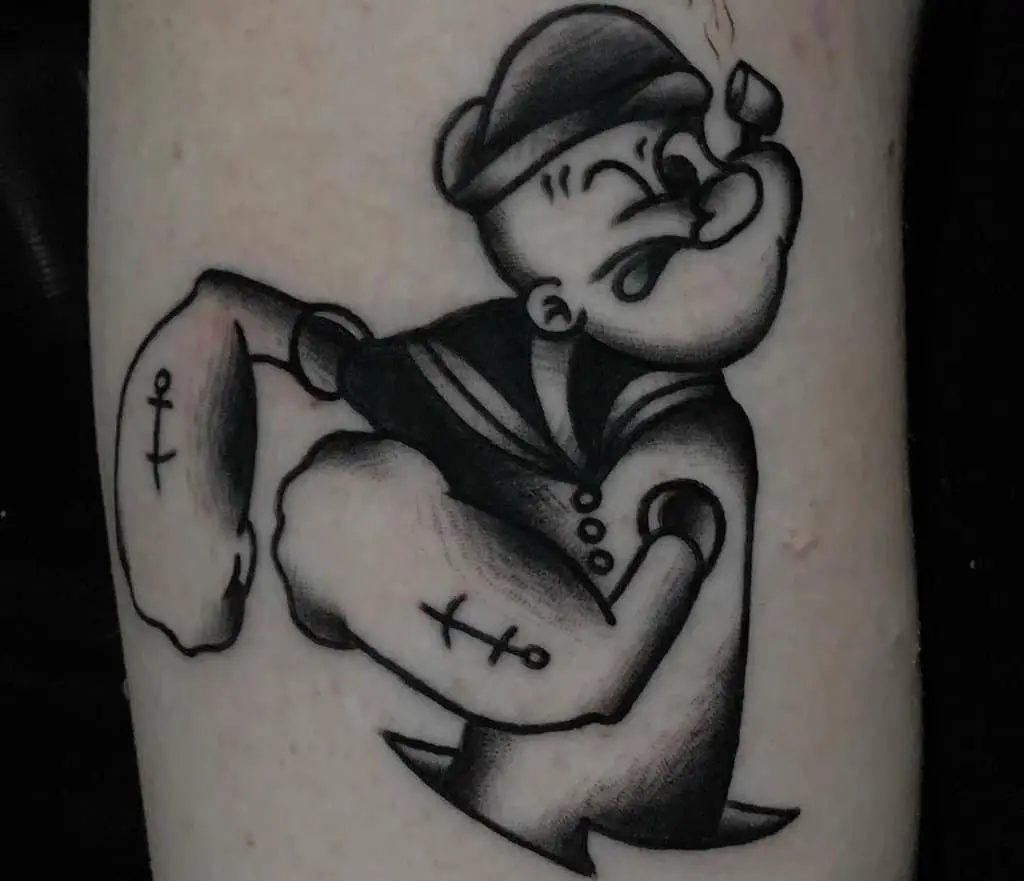 A black and white tattoo of Popeye sailor with a smoking pipe