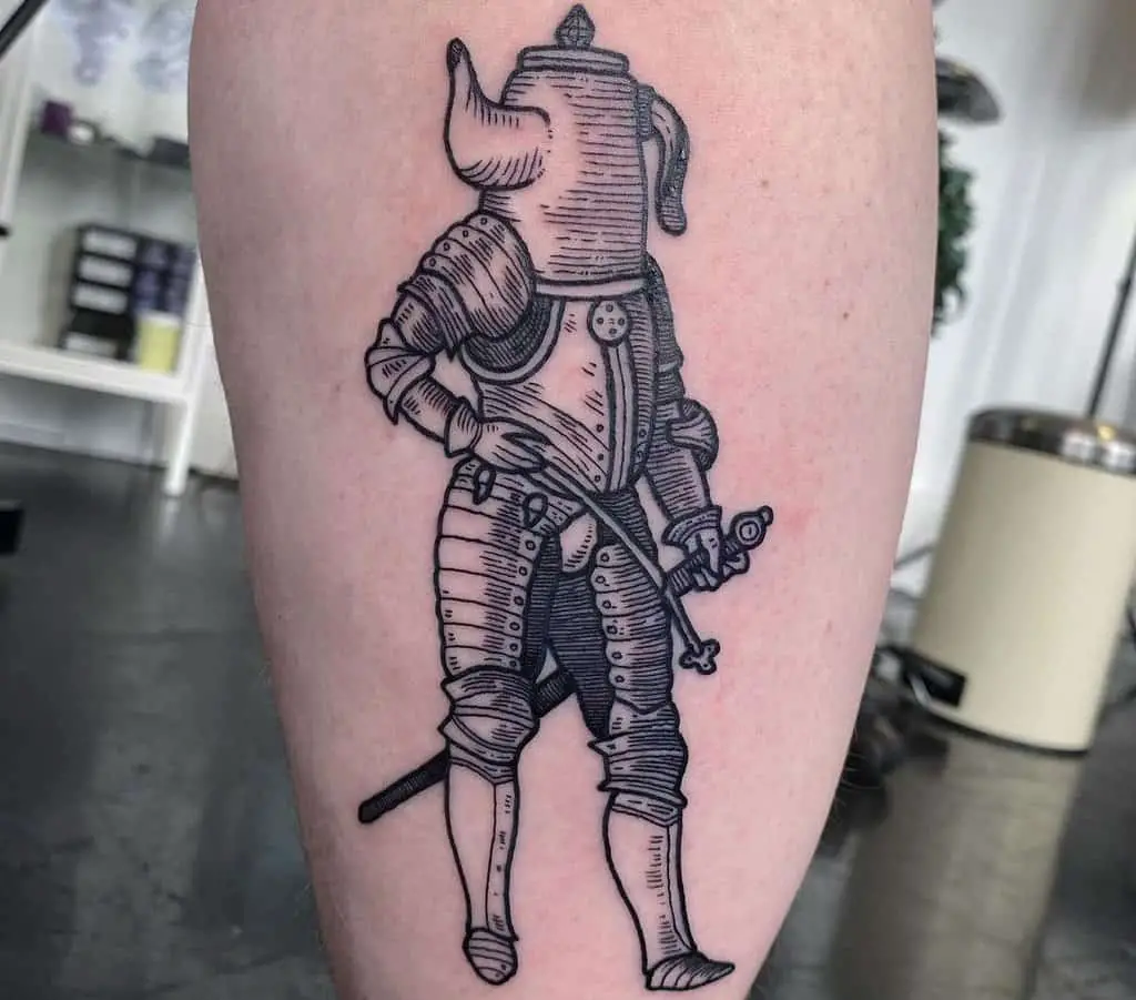 Tattoo of a knight with a kettle and a sword 