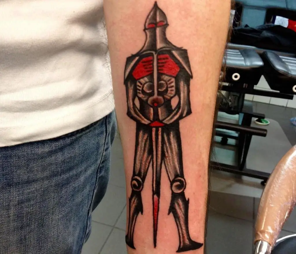 colored tattoo of a knight with a sword