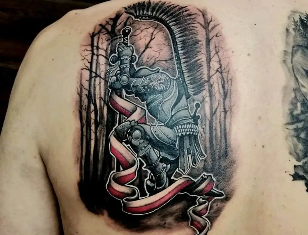 Tattoo of a knight with a flag kneeling