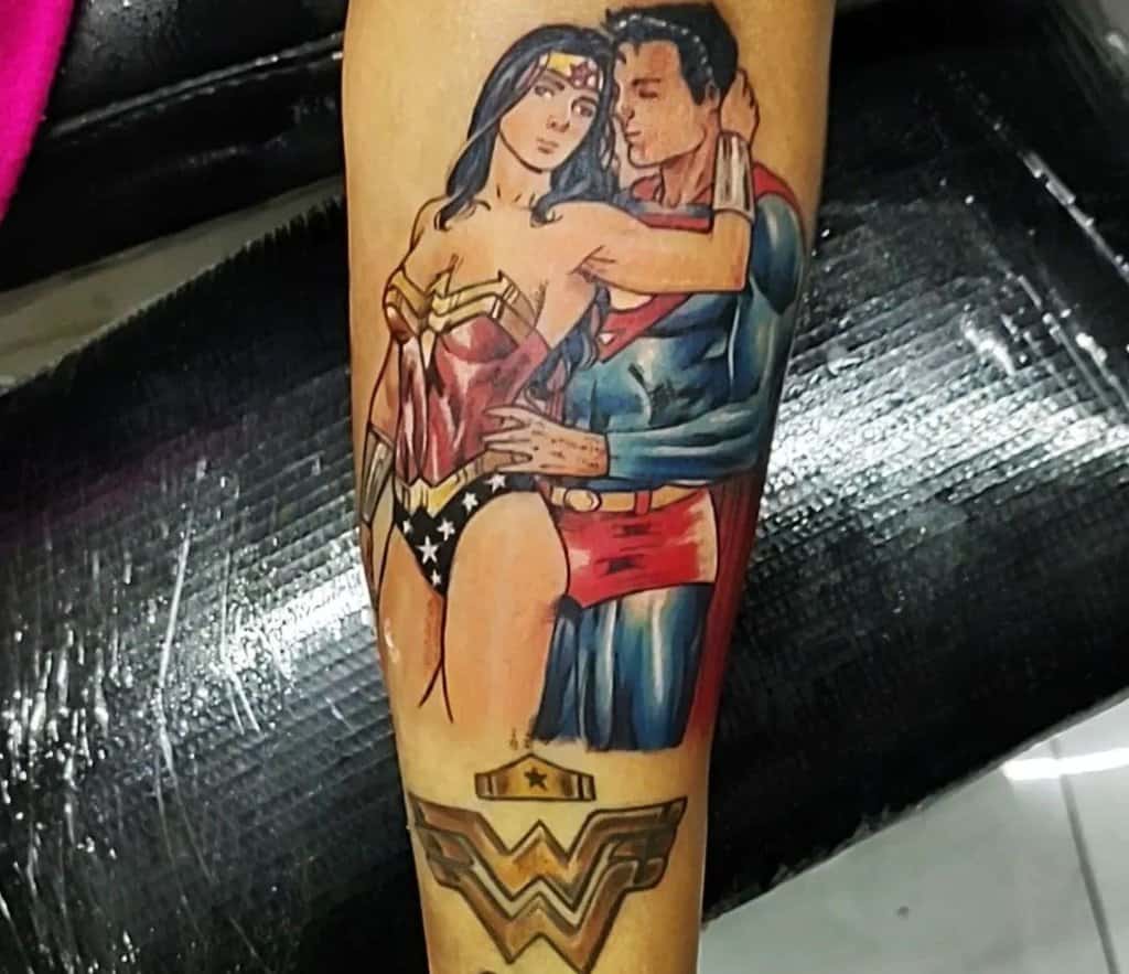 A tattoo of Wonder Woman and Superman hugging